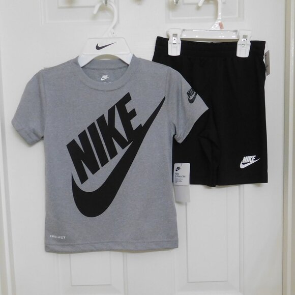 NWT 2pc Nike Gray Black Swoosh Logo Shirt & Shorts Set sz 4 - Picture 1 of 2